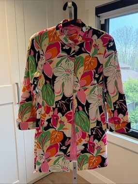 Vintage Floral Trench Coat - Pink, Green & Orange on Black